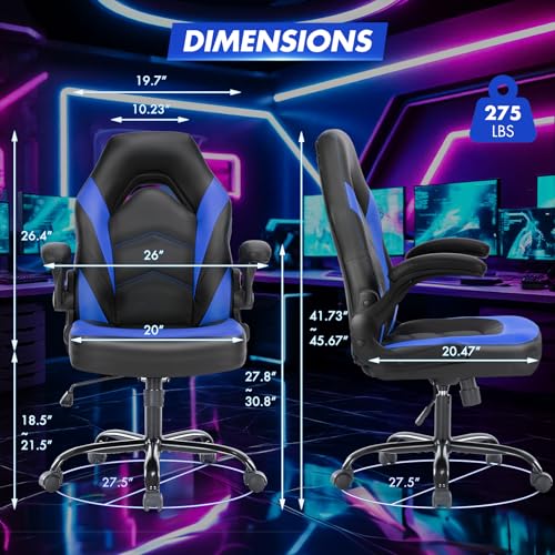 Sweetcrispy Computer Desk Chair, Lumbar Support Video Game Chair PU Leather | PU Leather Flip-up Armrest, Height Adjustable, 360 Swivel for Adults, Black Blue - color: Black Blue