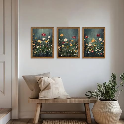 Urmoya 3 Pieces Moody Wildflower Dark Academia Floral Wall Art, 12x16 in | Vintage nature floral landscape wall decor, Wood framed, Ready to hang, Canvas art prints, over sofa, Bedroom, Office - color: Wildflower, size: 16"L x 12"W