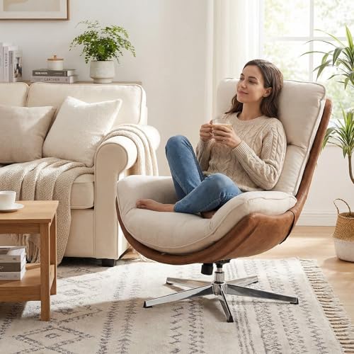 DUOMAY Linen Swivel Lounge Chair, Beige | High Back Upholstered Accent Chair With Chrome Base, Armless Comfy Recliner Single Sofa Chair for Living Room, Office - color: Beige, size: Set of 1