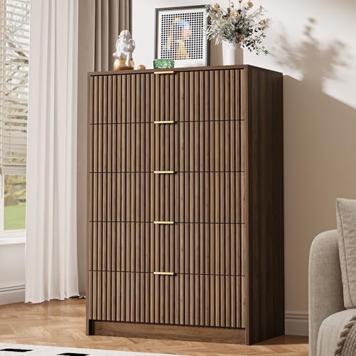 MAISONARIA 5 Drawer Dresser for Bedroom, Tall Dresser Chest of Drawers with Gold Handles, 32 Inch Wide Nightstand with for Bedroom, Living Rooms, Offices, and Entryways, Walnut - color: Walnut, size: 15.7"D x 31.5"W x 47.3"H (5 Drawers)