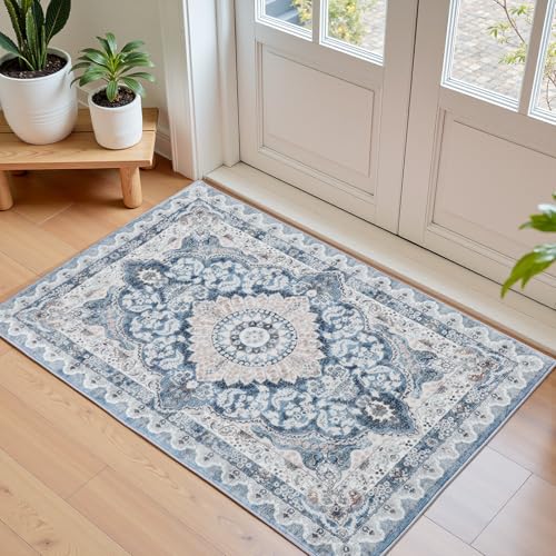 Macgace Washable Vintage Small Area Rug for Entryway, 2x3 Rugs Blue & Beige | Non-Slip Backing for Kitchen, Soft Stain Resistant Low Pile Throw Carpet for Bedroom Kids Room Front Door Dorm - color: Blue & Beige, size: 2' x 3' (Rectangular)