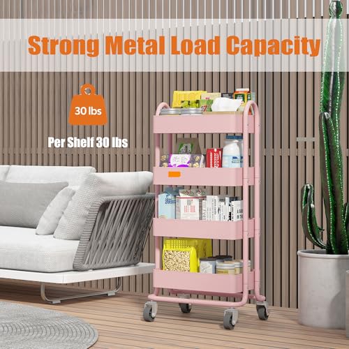 4 Tier Metal Rolling Cart Pink Utility Cart with Wheels,Rolling Pink Cart for Office,Home,Kitchen,Garden（13.4"x18.1"x40"） - color: Pink, size: 40"H