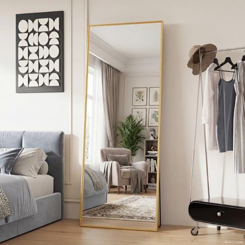 Sweetcrispy 65"x24" Full Length Mirror, Standing Full Body Mirror, Gold | Aluminum Alloy Thin Frame, Floor or Standing, Suitable for Bedroom, Living Room, Cloakroom - color: Gold-rectangle, size: 65"L x 24"W