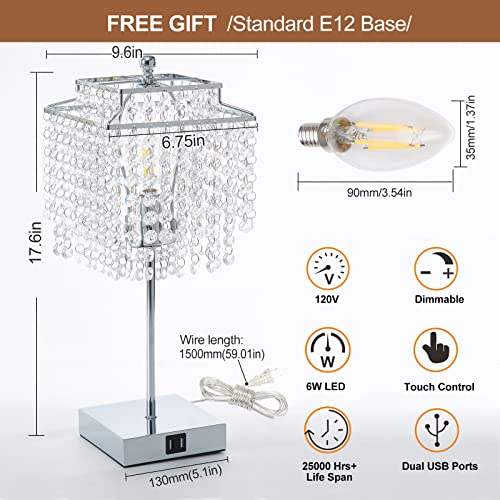 Touch Crystal Table Lamp Silver, Bedside Lamp with USB C+A Ports, Dimmable Nightstand Lamp with Crystal Shade, Bedroom Lamp for Girls Bedroom, Living Room, Bulb Included - color: Silver