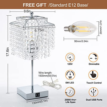 Touch Crystal Table Lamp Silver, Bedside Lamp with USB C+A Ports, Dimmable Nightstand Lamp with Crystal Shade, Bedroom Lamp for Girls Bedroom, Living Room, Bulb Included - color: Silver