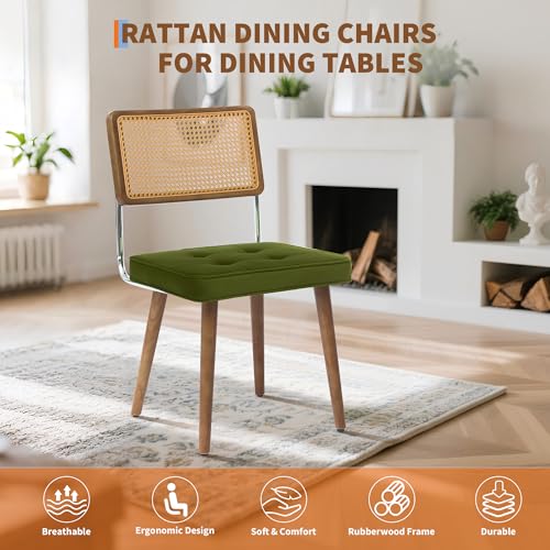 GarveeHome Natural Rattan Dining Chairs Set of 6, Velvet Upholstered Kitchen Chairs with Tall Cane Backrest and Strong Wood Legs for Dining Room, Kitchen, Restaurant, Green - color: Green, size: 6 PCS