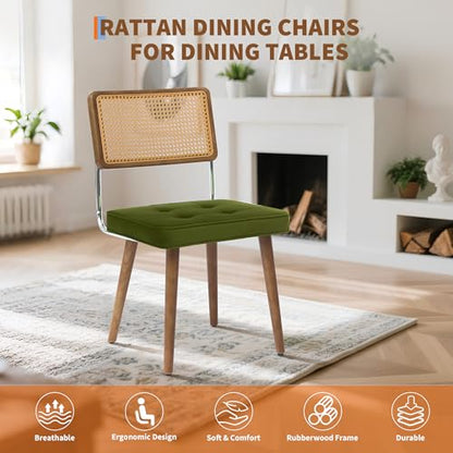 GarveeHome Natural Rattan Dining Chairs Set of 6, Velvet Upholstered Kitchen Chairs with Tall Cane Backrest and Strong Wood Legs for Dining Room, Kitchen, Restaurant, Green - color: Green, size: 6 PCS