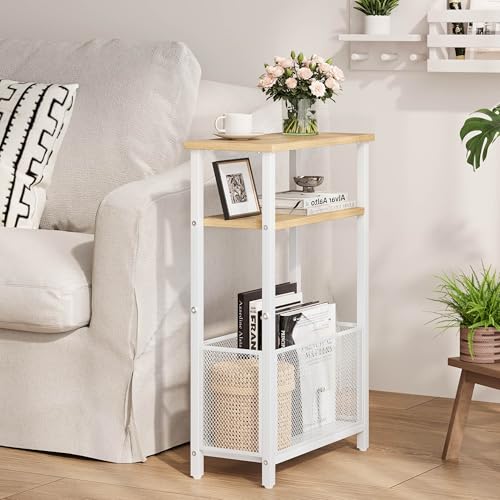 MMEOLUOOK Narrow Side Table with Storage Basket Skinny End Tables for Smalls Spaces 3 Tier Sofa Table Small Nightstand Slim Bedside Table for Living Room Bedroom Natural Wood MLBZ22Y - color: Natural