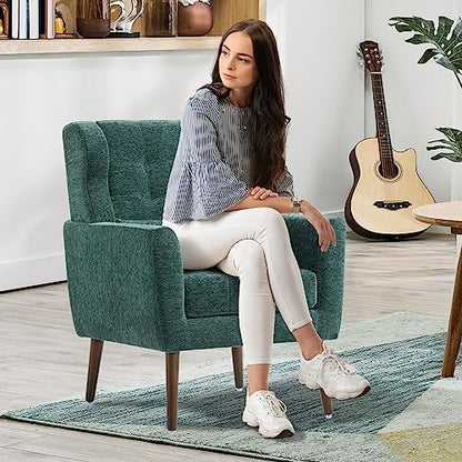 Modern Accent Chair, Upholstered Armchair with Pillow, Fabric Single Sofa Chair with Lounge Seat and Wood Legs Accent Chair for Living Room Bedroom Small Spaces (Blackish Green) - color: Blackish Green, size: Set of 1