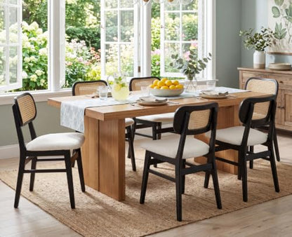 EALSON Rattan Dining Chairs Set of 4 Cane Back Farmhouse Dining Room Chairs Mid Century Kitchen Chairs with Black Wood Frame Sherpa Upholstered Side Chairs for Kitchen & Dining Room, Beige - color: Sherpa Beige-black Wood Frame, size: 4PCS