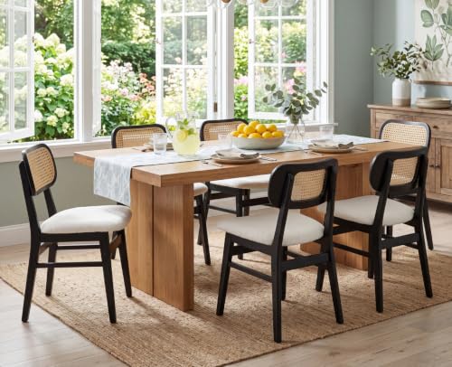 EALSON Rattan Dining Chairs Set of 6 Cane Back Farmhouse Dining Room Chairs Mid Century Kitchen Chair with Black Wood Frame Sherpa Upholstered Side Chair for Kitchen Restaurant, Beige - color: Sherpa Beige-black Wood Frame, size: 6PCS