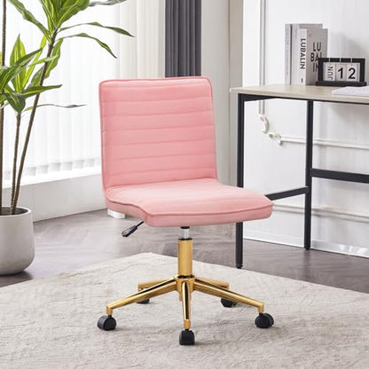 Furnimart Pink Swivel Armless Desk Chair with Wheels, Small Velvet Upholstered Home Office Desk Chair Mid-Back Adjustable Chair for Teen Girl Vanity Desk Bedroom Dorm Living Room (Velvet-Pink) - color: Velvet-pink
