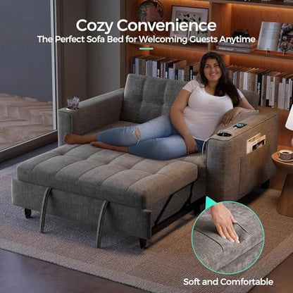 LINSY 54" Pull Out Couch with Charging Station, Small Sleeper Sofa Bed with Cup Holder, 3 in 1 Convertible Loveseat Sleeper Couch for Apartment, Dorm Room, Bedroom and Small Space（Grey） - color: Grey