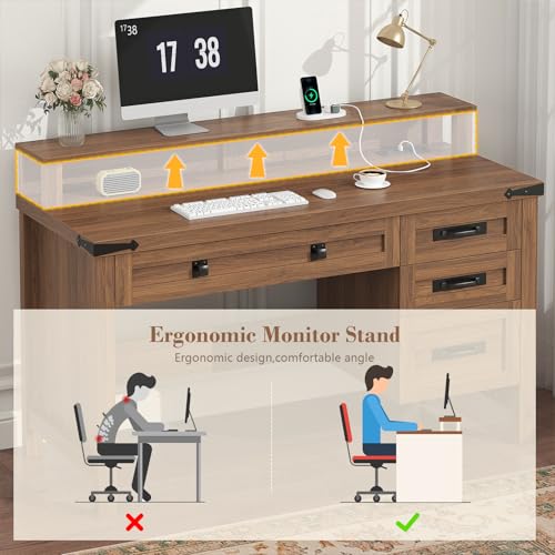 47" Farmhouse Computer Desk with 4 Drawers for Home Office, Bedroom | Executive Desk with Power Outlets, Home Office Desk with Monitor Stand & Drawers, Small Desk Writing Study Table, Brown - color: Brown