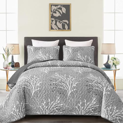 DJY Grey Quilt Set Queen Size - Branch Botanical Bedspread Coverlet Set | 3 Pieces Gray Floral Quilt Bedding Set, Soft Lightweight Microfiber Reversible Summer Quilt Set, 96''x90'' - color: Grey, size: Queen