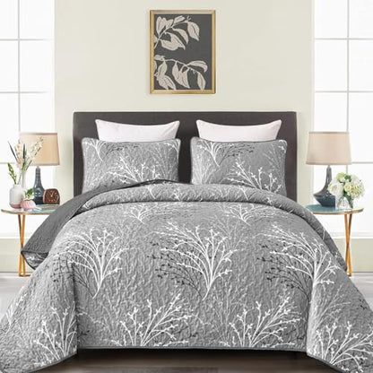 DJY Grey Quilt Set Queen Size - Branch Botanical Bedspread Coverlet Set | 3 Pieces Gray Floral Quilt Bedding Set, Soft Lightweight Microfiber Reversible Summer Quilt Set, 96''x90'' - color: Grey, size: Queen