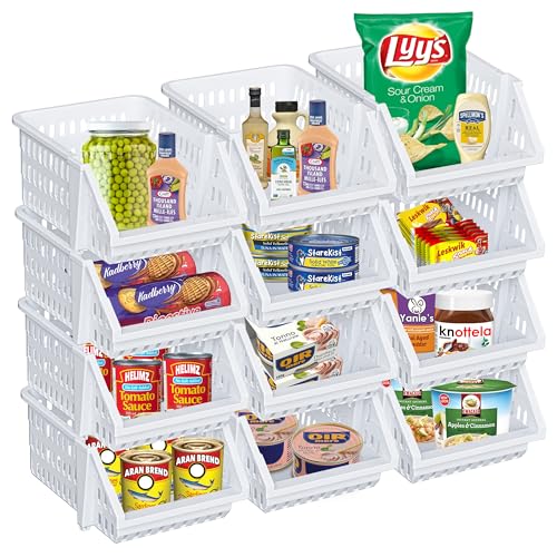 Small Stackable Storage Bins Open Front for Pantry Storage, 12 Pack - White | Sturdy Plastic, Easy Stacking, Open Front Access, Ventilated Sides, Vertical & Space Saving Pantry Organizers and Storage Bin - color: White, size: 12 Pack - Small