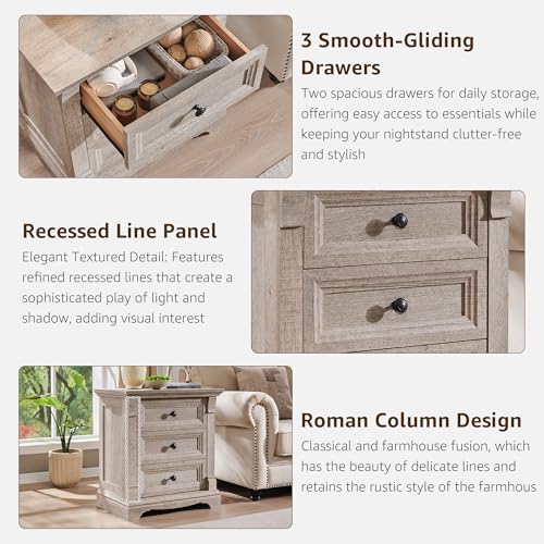 Farmhouse 26"H Night Stand Set of 2, 23.6"W End Table with Charging Station | Wood Side Table w/Roman Column, End Tables Living Room Set Of 2, Bedside Cabinet for Bedroom, Living Room, Light Rustic Oak - color: Light Rustic Oak, size: 23.6"W x 15.7"D x 26