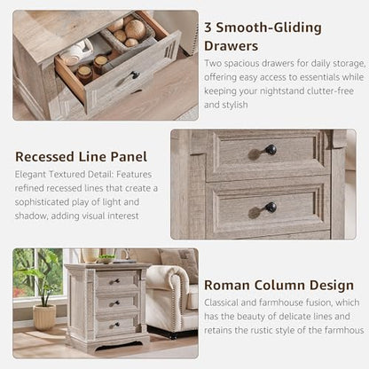 Farmhouse 26"H Night Stand Set of 2, 23.6"W End Table with Charging Station | Wood Side Table w/Roman Column, End Tables Living Room Set Of 2, Bedside Cabinet for Bedroom, Living Room, Light Rustic Oak - color: Light Rustic Oak, size: 23.6"W x 15.7"D x 26