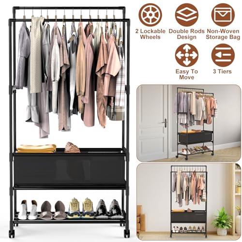Double Rods Clothes Rack, Heavy Duty Metal Garment Rack Metal Clothing Racks with Shelves Lockable Wheels Portable Storage Bag Height Adjustable for Bedroom Laundry Living Room - size: 30.31"D x 13.58"W x 57.09"H