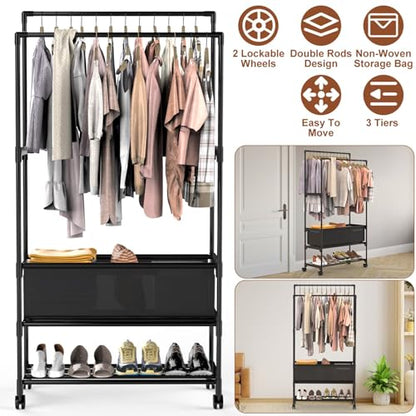 Double Rods Clothes Rack, Heavy Duty Metal Garment Rack Metal Clothing Racks with Shelves Lockable Wheels Portable Storage Bag Height Adjustable for Bedroom Laundry Living Room - size: 30.31"D x 13.58"W x 57.09"H