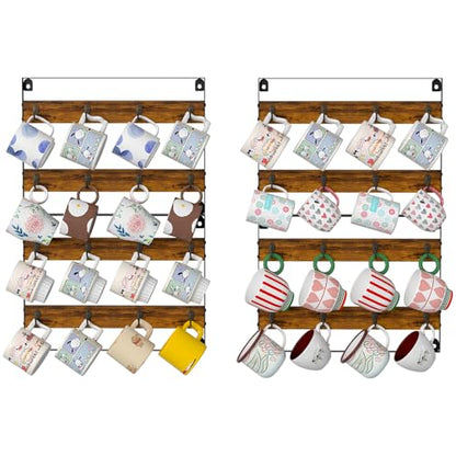 Rustic Wood Coffee Mug Rack - Wall Mount Cup Holder Shelf Storage for Kitchen, Home, Bar, Office (4 Pack, Holds 32 Mugs) - size: 8-Tier