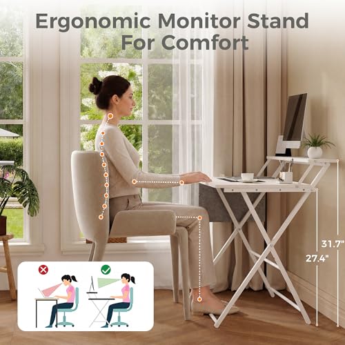 Small Desk No Assembly,31.5Inch 2-Tier Compact Computer Desk with Shelf & Side Pocket,Space Saving Foldable Table for Home Office, Bedroom or Apartment,Portable Collapsible Sturdy Laptop Desk,White - color: White