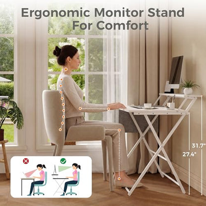 Small Desk No Assembly,31.5Inch 2-Tier Compact Computer Desk with Shelf & Side Pocket,Space Saving Foldable Table for Home Office, Bedroom or Apartment,Portable Collapsible Sturdy Laptop Desk,White - color: White