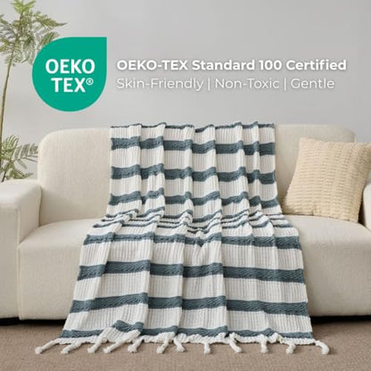 Boho Knitted Chenille Blanket with Tassels - Lightweight & Soft All-Season Throw - 3D Classic Pattern for Living Room Bedroom Couch, Celestial Blue(Striped), Twin 60"x80" - color: Celestial Blue(striped), size: Twin