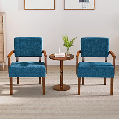 Accent Chairs Set of 2, 2 Solid Wood Armchairs with Side Table | Living Room Chairs with Soft Thicken Cushion, Comfy Reading Chair for Bedroom, Waiting Room, Home Office, Easy Assembly - color: Linen Blue, size: Set of 2 with table