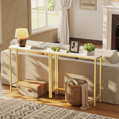 HOOBRO Narrow Console Table, 29.5" Small Entryway Table, Thin Sofa Table, Side Table, Display Table, for Hallway, Bedroom, Living Room, Foyer, White and Gold DW75XG01 - color: White + Gold
