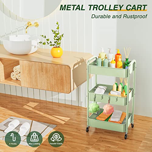LEHOM 3 Tier Rolling Cart, Metal Rolling Utility Cart with Lockable Wheels | Multi-Functional Heavy Duty Storage Cart Organizer for Bathroom, Kitchen, Office, Living Room, Rolling Storage Trolley - color: Green