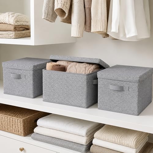 WUIKE Foldable Storage Bins with Lids, Storage Boxes with Handles, Closet Shelf Organizer, Fabric Storage Baskets for Bedroom, Decorative Storage Containers, Large, Ash Gray, 3-Pack - color: Ash Gray, size: Large