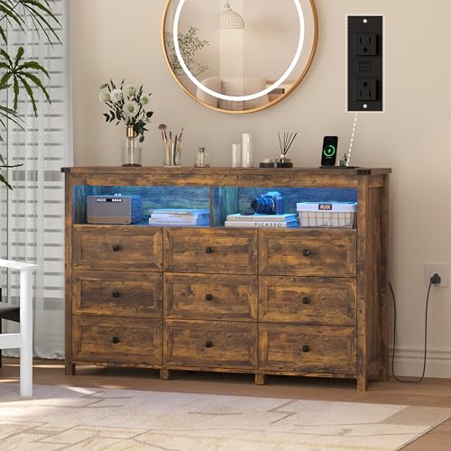 9 Drawer Dresser for Bedroom with LED Lights, Charging Station, Wood Chest of Drawers with Metal Handles, Modern TV Stand & Storage Organizer for Living Room, Hallway, Brown - color: Brown, style: LED 9 Drawers