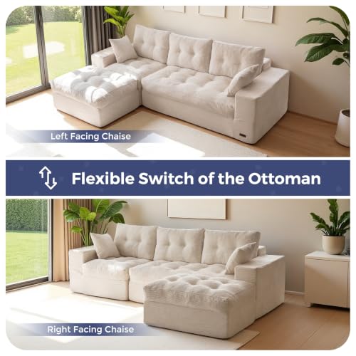 MAXYOYO Boneless Couch, 96-Inch L-Shaped Cloud Couch with Ottoman | Beige Layered Cushioning and Flexible Modules Create an Upholstered Sofa in a Box with No Assembly for Spacious Living Rooms. - color: Beige, size: 96" L Shape