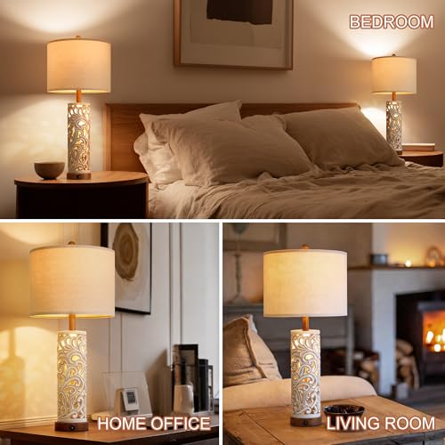 2-in-1 Light Table Lamp Set of 2 for Living Room, 28.5" Farmhouse Bedside Lamps with USB Charging Port, Main&Night Light & Dual Switches, Nightstand Lamp for Bedroom Home Office(Bulb Included) - color: Washed White and Brown