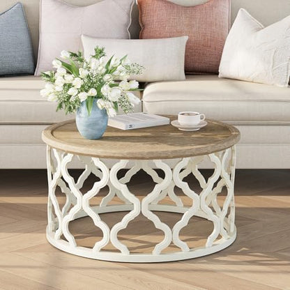 karlott Farmhouse Coffee Table, French Country Tray Round Coffee Table | Solid Wood Veneer Tabletop, Curved Motif Frame Base, Coastal Boho Center Table, Small Rustic Coffee Tables for Living Room - size: Tray Coffee Table 30 Inches