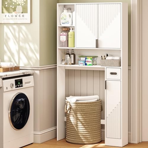 GOODONE White Over The Toilet Storage Cabinet - with 3 Doors and Toilet Paper Holder Stand, FreeStanding, for Bathroom, Restroom, Laundry - color: White