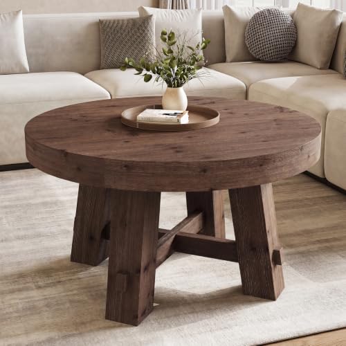 31.5-Inch Round Coffee Table, Solid Wood Center Table with Thickened Tabletop for Living Room, Apartment, Small Space, Brown - color: Walnut Brown
