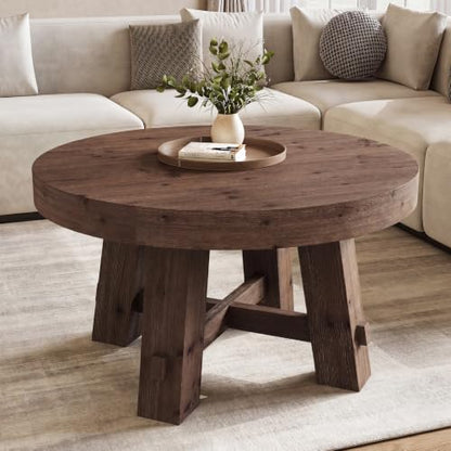 31.5-Inch Round Coffee Table, Solid Wood Center Table with Thickened Tabletop for Living Room, Apartment, Small Space, Brown - color: Walnut Brown