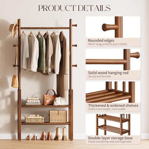 Yoobure Solid Wood Clothing Rack with Shelves - Coat Rack Freestanding with 6 Hooks, 3-in-1 Hall Tree for Hanging Clothes, Tall Garment Racks with Storage for Bedroom, Entryway, Living Room, Closet - color: Walnut