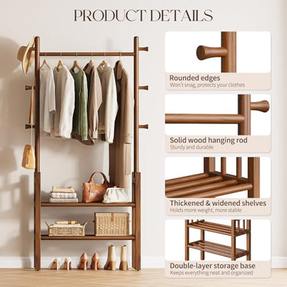 Yoobure Solid Wood Clothing Rack with Shelves - Coat Rack Freestanding with 6 Hooks, 3-in-1 Hall Tree for Hanging Clothes, Tall Garment Racks with Storage for Bedroom, Entryway, Living Room, Closet - color: Walnut