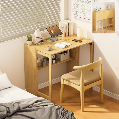 Folding Desk for Small Spaces, Bamboo Foldable Desk with Storage, Natural | Small Computer Desk with Bookshelf, Mid Century, Fold Out，Compact Size, for Bedroom, Living Room, Apartment, Home Office - color: Natural, size: 21.3"D x 32.7"W x 29.5"H