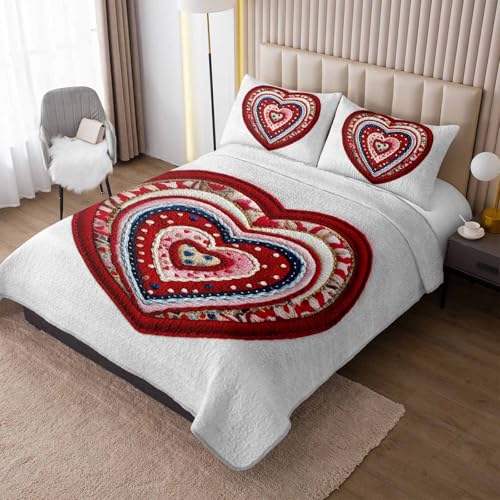 AILONEN Red Knitted Heart Quilt Set Queen Size,Heart Reversible Bedding Sets,Romantic Moment Bedspread Coverlet with 2 Pillowcases,3-Piece,Soft Lightweight Microfiber - color: Love53, size: Queen