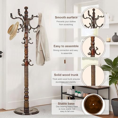 Wooden Coat Rack Freestanding with 18 Hooks, Adjustable Height Coat Tree Free Standing Heavy Duty for Entryway, Easy Assembly Solid Wood Sturdy Coat Hats Hanger Stand for Office Hallway Bedroom - color: Brown-Resin Hook