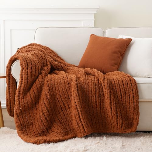 Fall Chunky Knit Throw Blanket , Rust Chenille Throw Blanket 50x60in | Handmade Cable Knit Crochet Blanket, Fall Decorations, Orange Knitted Throw Blankets for Couch Bed Sofa Home Decor - color: Caramel