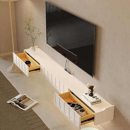 Floating TV Shelf in Solid Wood, 73'' High Gloss Wall Mounted TV Cabinet, Floating Shelves with Door & Drawers, Modern Entertainment Media Console Center Large Storage TV Bench (White) - size: 72.83''