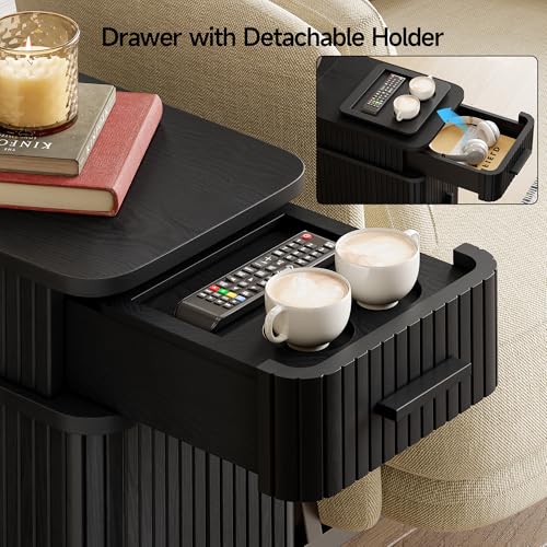 Fluted End Table with Charging Station, Narrow Side Table with Drawers, Skinny Nightstand with Storage, Mid-Century Modern Bedside Tables for Small Space Living Room Sofa Couch, Patent Pending - color: Black