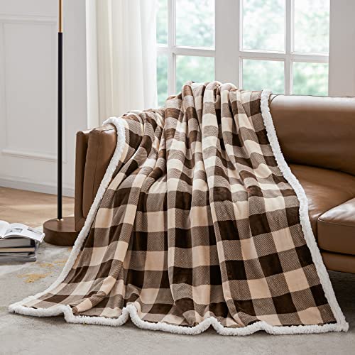 Sherpa Buffalo Plaid Christmas Twin Blanket 60" X 70", Fuzzy Fluffy Soft Cozy Throw Blanket, Fleece Flannel Plush Microfiber Blanket for Couch Bed Sofa(Brown) - color: Brown01