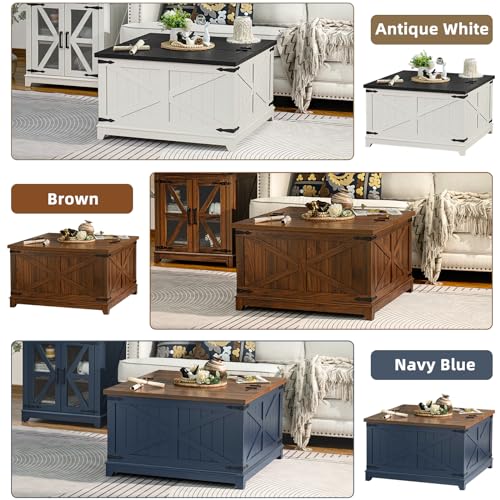 Joaxswe Farmhouse Coffee Table with Hidden Storage Organizer, Modern Square Large Center Table, Wood Farm House Low Navy Blue Living Room Tables with Hinged Lift Top for Home, Office - color: Blue, style: With Legs